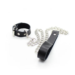 OHMAMA FETISH - LEATHER STRAP AND PENIS COLLAR WITH METAL CHAIN