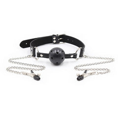 OHMAMA FETISH - BALL GAG WITH FANS AND NIPPLE CLAMPS
