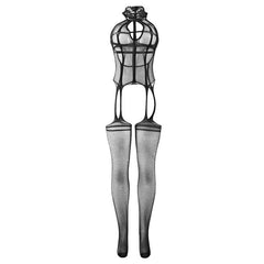 SUBBLIME - 951986 FISHNET STRAP-ON BODYSTOCKING WITH PRINTS ON THE COLLAR BLACK ONE SIZE