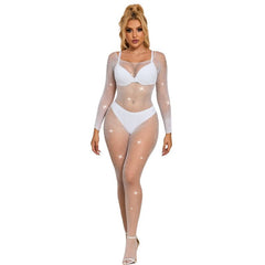 SUBBLIME - 952396 DIAMOND MESH BODYSUIT LONG SLEEVE WHITE ONE SIZE