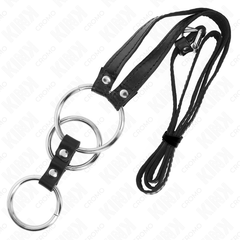 KINK - METAL TRIPLE COCK RING 3.8 CM TO 5 CM WITH LEATHER BELT 112 CM