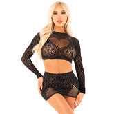 LEG AVENUE - BRIGHT MESH CROPPED TOP + BLACK MINI SKIRT
