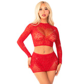 LEG AVENUE - BRIGHT FISHNET CROPPED TOP + RED MINI SKIRT