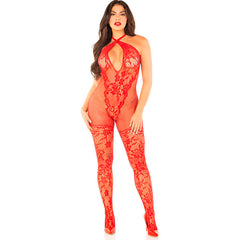 LEG AVENUE - RED FLOWER PRINT KNIT BODYSTOCKING ONE SIZE