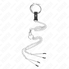 KINK - 3CM TO 4.5CM TRIPLE CHROME METAL COCK RING WITH 26CM METAL CHAIN AND NIPPLE CLIPS