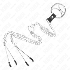 KINK - 3CM TO 4.5CM TRIPLE CHROME METAL COCK RING WITH 26CM METAL CHAIN AND NIPPLE CLIPS