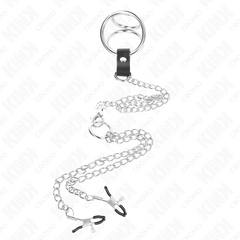 KINK - 3.8CM TO 5CM CHROME METAL TRIPLE COCK RING WITH 26CM METAL CHAIN AND NIPPLE CLAMPS MODEL 1