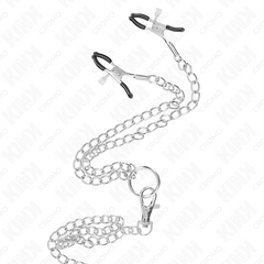 KINK - 3CM TO 4.5CM TRIPLE CHROME METAL COCK RING WITH 26CM METAL CHAIN AND NIPPLE CLIPS