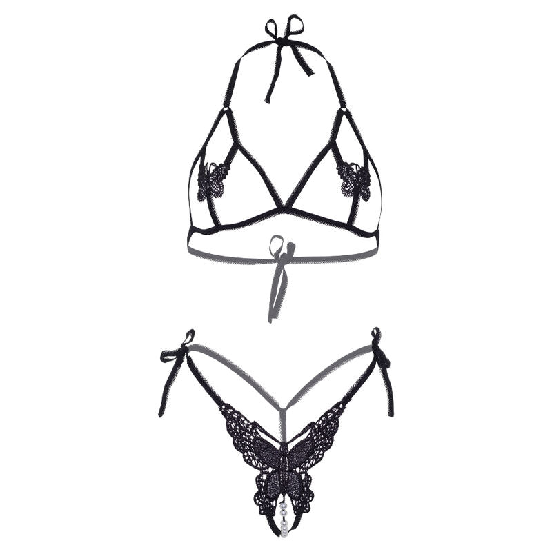 LEG AVENUE - TWO PIECE BRA AND PANTS SET WITH BUTTERFLIES AND PEARLS - ONE SIZE - BLACK