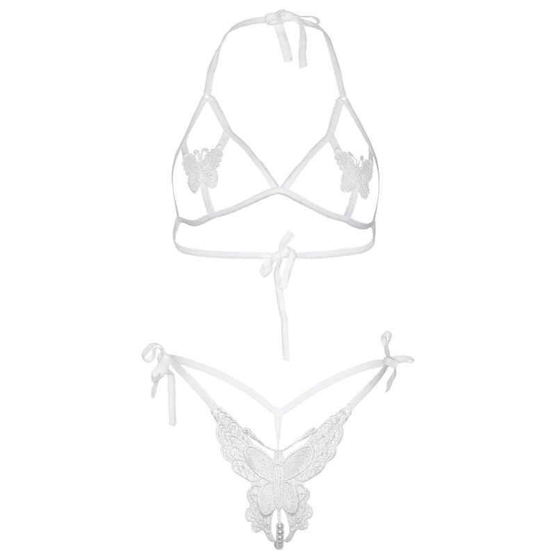 LEG AVENUE - TWO PIECE BRA AND PANTS SET WITH BUTTERFLIES AND PEARLS - ONE SIZE - BLACK