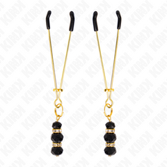 KINK - PINÇAS FINAS DOURADAS COM 3 CONTAS DE VIDRO PRETAS 7 CM